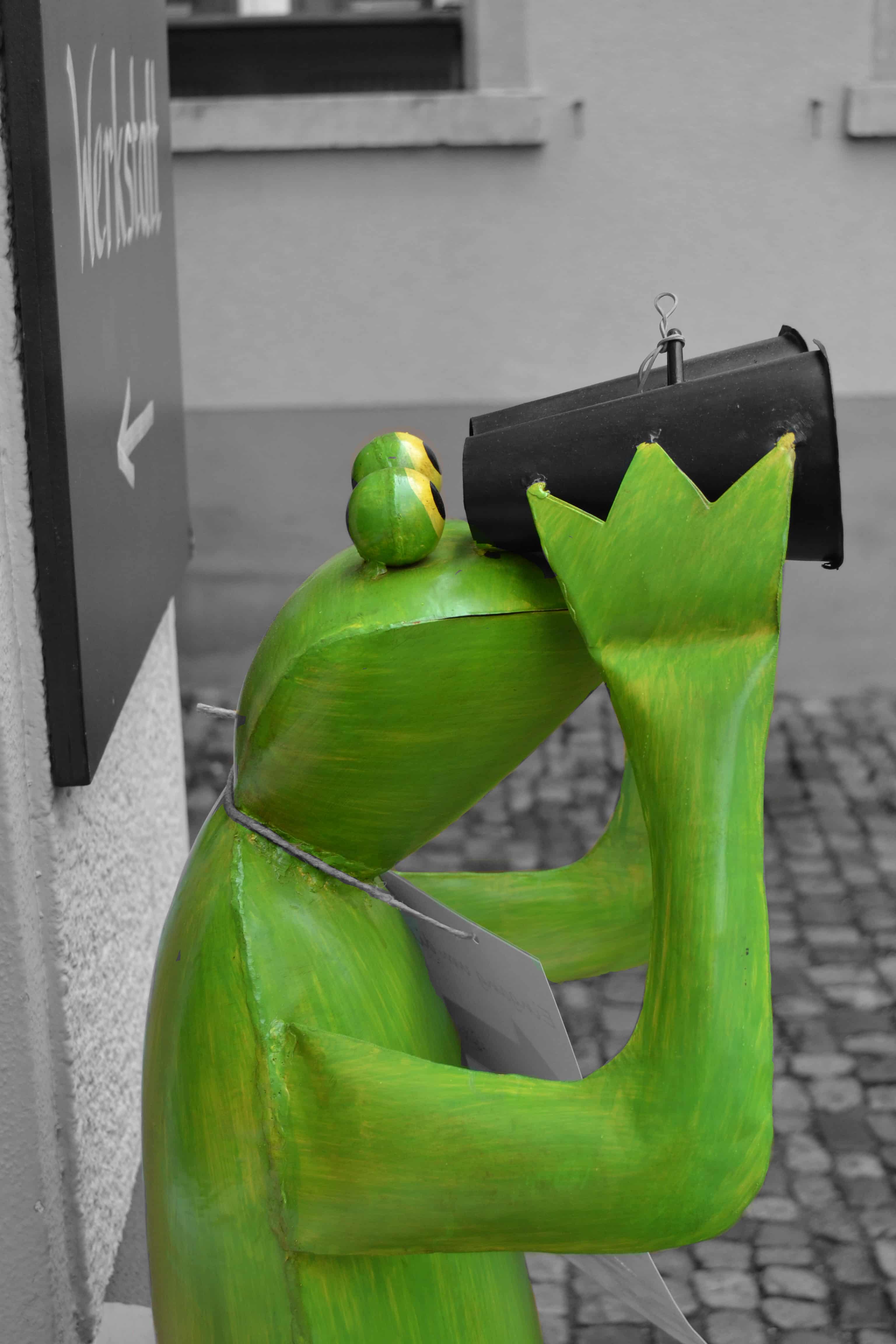Una fotografia verticale in primo piano laterale di una statua di una rana che guarda in un cannocchiale.